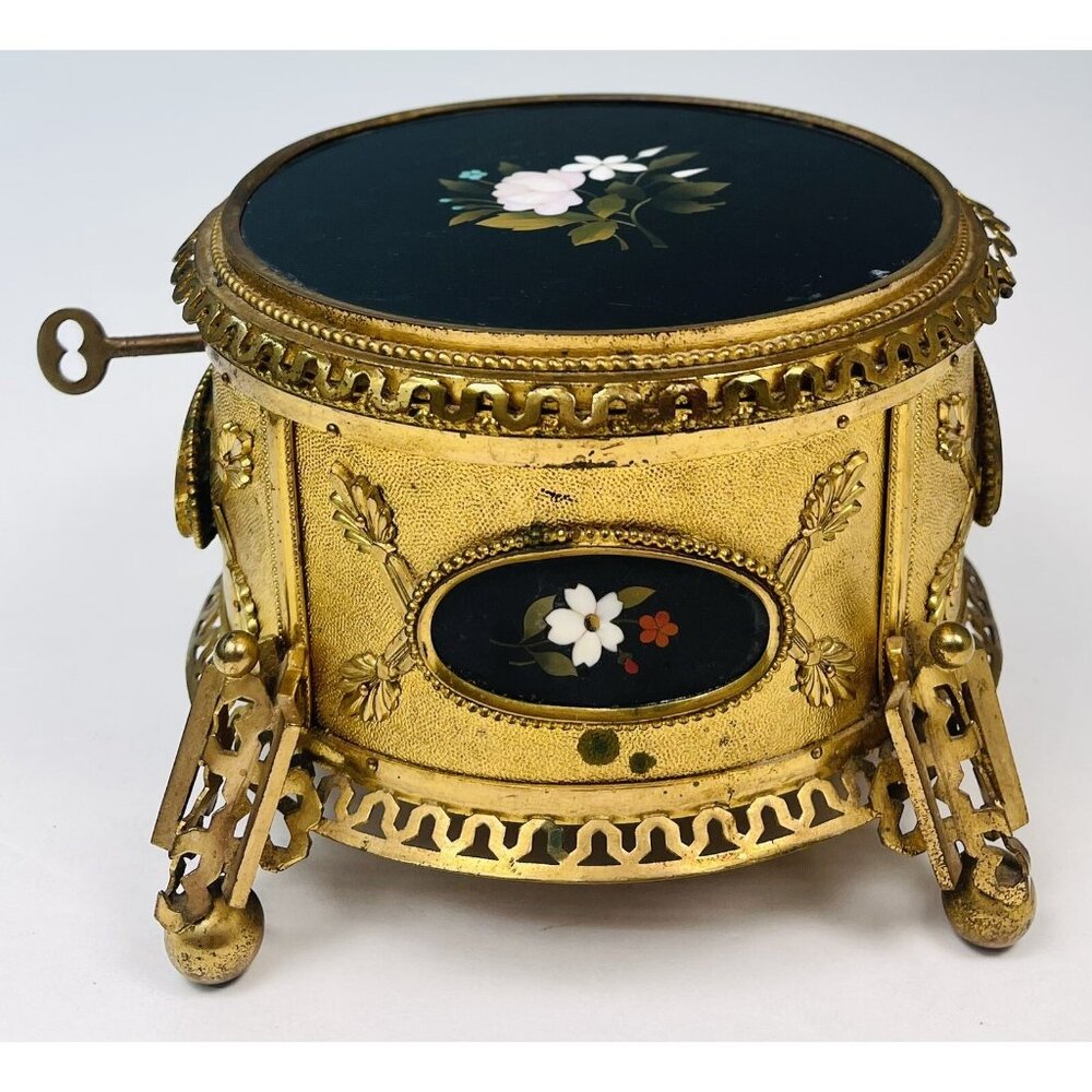 Antique 6.5" Pietra Dura Micromosaic Round Gilt-Bronze JEWELRY BOX w/ Velvet Key - Picture 6 of 12